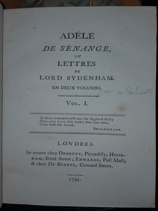 ADELE DE SENANGE Ou Lettres de Lord Sydenham en Deux Volumes
