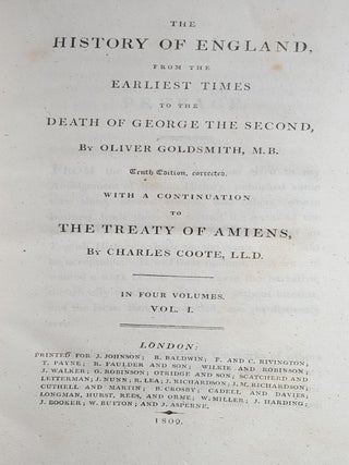 THE HISTORY OF ENGLAND From the Earliest Times to the Death of George the Second with A Continuation to The Treaty of Amiens by Charles Coote In Four Volumes