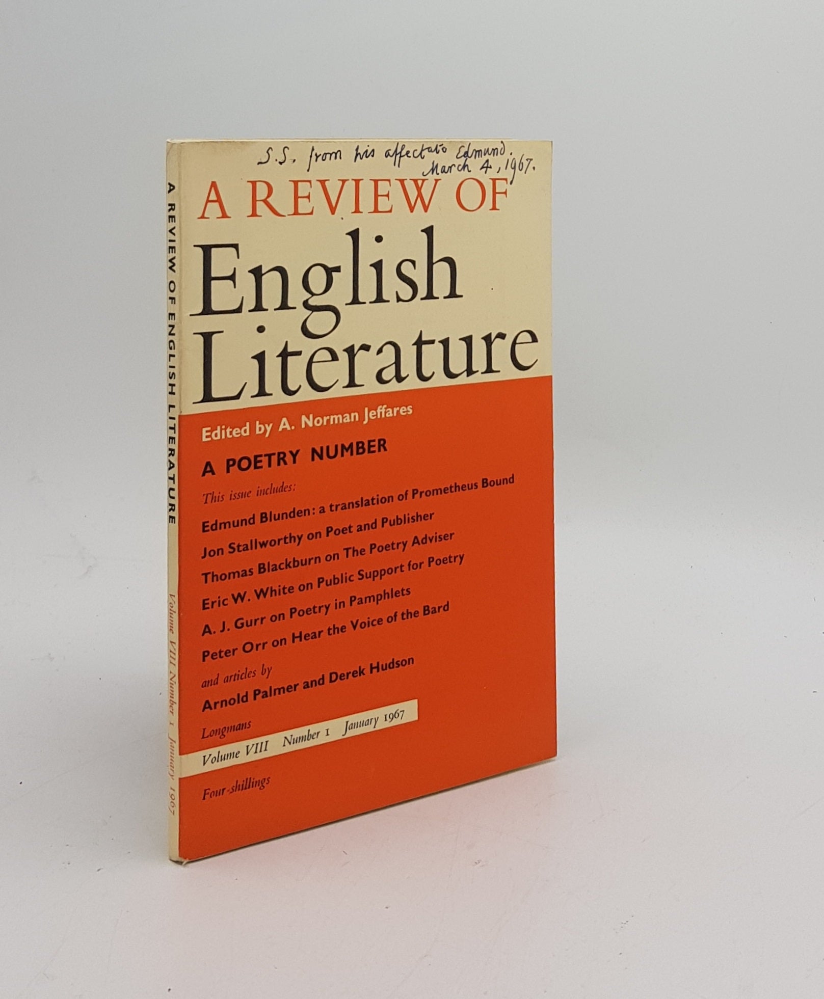 JEFFARES A. Norman, BLUNDEN Edmund, et al. - A Review of English Literature Poetry Number Vol VIII No. 1 1967 Inscribed by Edmund Blunden to Siegfried Sasson